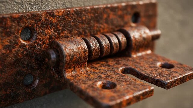 Rusty metal hinge on wall with textured surface detail