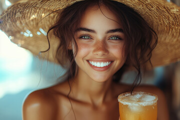 Woman in straw hat holding a drink.