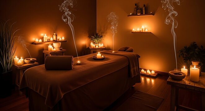 Serene spa retreat with glowing candles and aromatic incense creating a calming ambiance