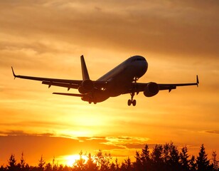 Airplane silhouetted against a vibrant sunset, landing gear down, trees in the foreground