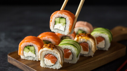 Delicious assortment of fresh sushi rolls and maki on a wooden board with chopsticks