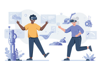 Two People Wearing VR Headsets Interacting with Virtual Reality Elements.