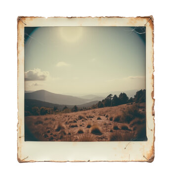 Aged and scratched vintage photo print of a tranquil mountain landscape with burnt tattered edges, Isolated on Transparent Background, PNG
