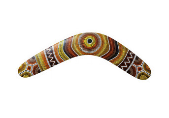 Authentic australian aboriginal boomerang with traditional dot painting art isolated on transparent background