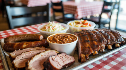 Delicious barbecue platter with pork ribs pulled pork sausage beans and coleslaw