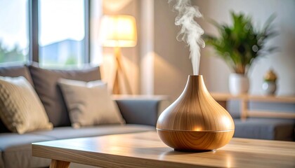 Aroma diffuser on a wooden table emitting steam in a cozy living room with a sofa, lamp, and plant in the background.