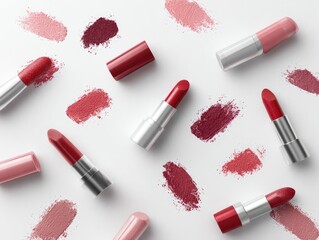 Assorted lipstick tubes and smudged lipstick colors on a white background