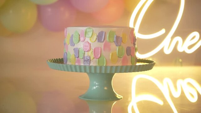 Horizontal pan of a 1st birthday smash cake set with pastel-toned cake in close-up, neon ONE sign, and balloon garland in a festive and colorful setup