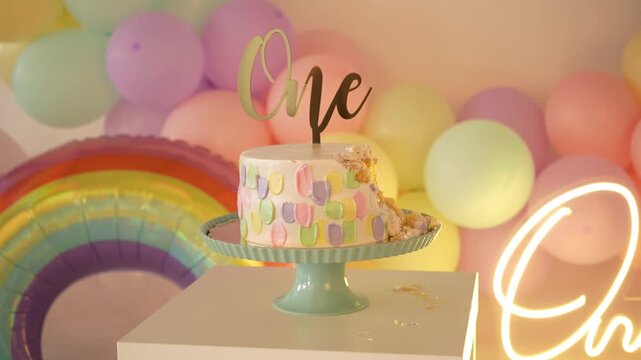 Horizontal pan of a 1st birthday smash cake set with a bitten pastel-colored cake in close-up, neon ONE sign, balloon garland, and a rainbow balloon, in a festive, colorful scene.