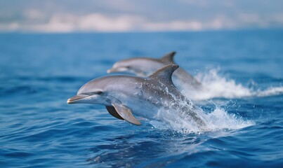 Fototapeta premium A family of dolphins swims in the open ocean. One of the dolphins has leapt out of the water, its entire body suspended in the air