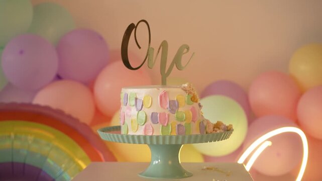 Dolly out horizontal shot of a 1st birthday smash cake set with bitten pastel cake in close-up, ONE topper, neon ONE sign, balloon garland, and a rainbow balloon in colorful decor.