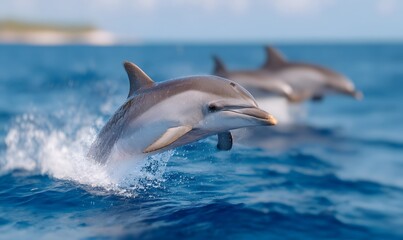 Fototapeta premium A family of dolphins swims in the open ocean. One of the dolphins has leapt out of the water, its entire body suspended in the air