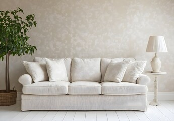 Cozy Living Room Interior with Cream Sofa, Plant, and Table Lamp
