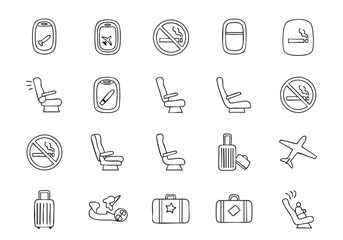Airplane Travel Icons Collection Simple Outline Style for Web and Mobile Design Featuring Airplane Windows Seats and Luggage