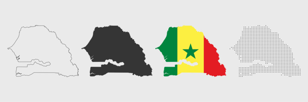 Senegal map detailed in outline, grey, flag color, and dotted style