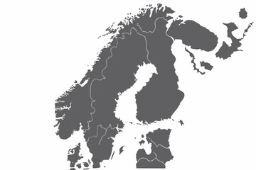 Vector gray scale map of scandinavia and surrounding areas including finland and parts of russia showing borders
