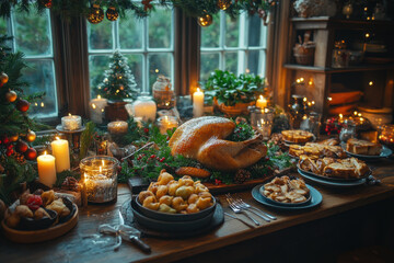 Turkey centerpiece on a festive table with various food items.