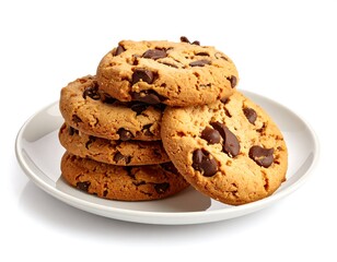 A stack of five golden-brown chocolate chip cookies sits on a small white plate against a stark white background