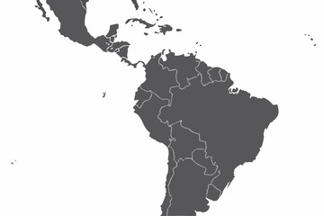 Vector detailed map of south america and central america showcasing country borders in a muted gray color scheme