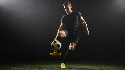 Athletic male soccer player skillfully juggling a football on a dark field with spotlight