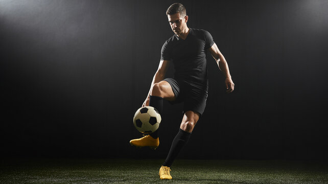Athletic male soccer player skillfully juggling a football on a dark field with spotlight