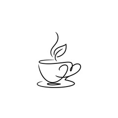 A simple line drawing of a teacup on a saucer, featuring a heart-shaped handle and a leaf in the steam.