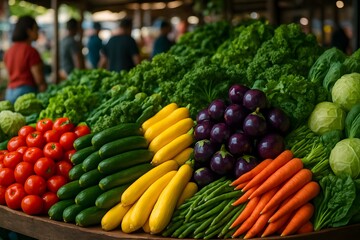 Colorful display of fresh vegetables including tomatoes, zucchinis, carrots, eggplants, and leafy greens at a vibrant farmers market, symbolizing healthy eating, freshness, and organic produce

