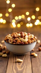 Bowl of mixed nuts on wooden table with bokeh lights