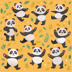Obraz premium Vector pattern showing dancing pandas in various poses, vibrant and energetic design, yellow background, cartoon style