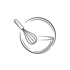 Elegant line art illustration of a whisk and mixing bowl, symbolizing baking or cooking.