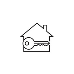 A minimalist line icon of a house and a key, symbolizing real estate, home ownership, and property access.