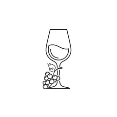 Minimalist line art illustration of a wine glass with wine inside, accompanied by a bunch of grapes and a leaf.
