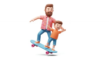 Cartoon father and son skateboarding