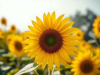 Naklejka premium Sunflower in Bloom Under a Cloudy Sky