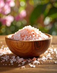 Bowl of pink Himalayan salt crystals on a wooden table, with a blurred background of pink flowers and greenery