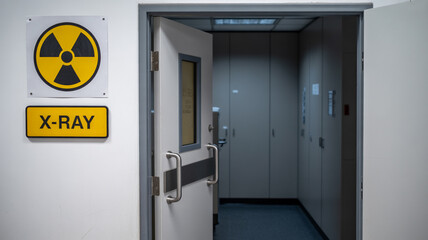 Fototapeta premium Entrance to an x ray room with radiation warning symbol and signage