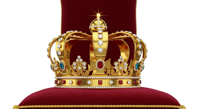 3d illustration of a magnificent golden crown adorned with sparkling jewels rests upon a plush red velvet cushion, symbolizing royalty and luxury isolated on transparent background