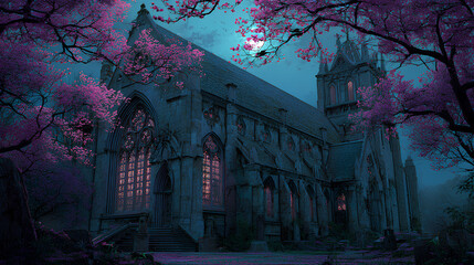 Gothic Church at Night with Pink Blossoms