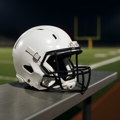 Fototapeta premium White American football helmet resting on a bench with illuminated stadium field in the background at night, symbolizing sports, safety, competition, and team preparation