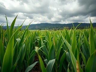 Fototapeta premium Majestic Green Cornfield Under Overcast Sky with Mountain Horizon