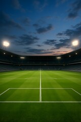 Fototapeta premium Illuminated football stadium at dusk with vibrant green pitch, dramatic sky, and empty stands, capturing the atmosphere of sports, competition, and anticipation before the match