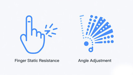 Blue finger static electricity and angle adjustment icon, representing finger static electricity protection and flexible angle adjustment, used for electronic operation and device debugging scenarios.