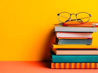 "Educational Book Stack with Glasses on Vintage Background"