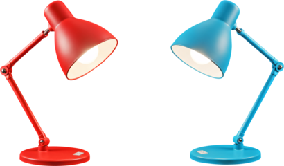 Vibrant Red and Blue Desk Lamps Illuminating with Bright Focused Light.
