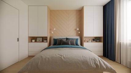 Obraz premium Modern bedroom with built in wooden headboard and plush bedding in a stylish apartment