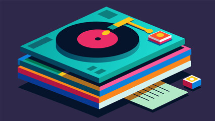 Fototapeta premium A colorful instruction manual lays atop a pile of sleek black components ready to be assembled into a personalized record player. Vector illustration