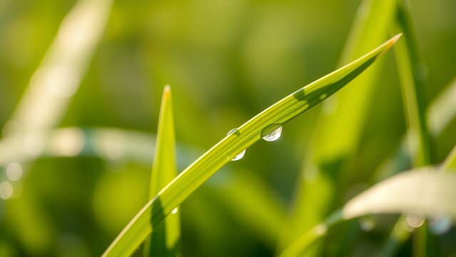 Dew-kissed Grass Blade in Dawn Light - Powered by Adobe