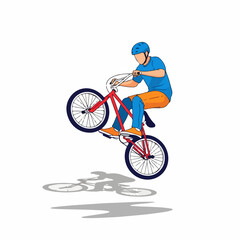 Fototapeta premium Dynamic cyclist performs thrilling wheelie trick, showcasing extreme sports skill and balance