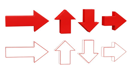 3d illustration of set of red and white arrows pointing in different directions, representing choice, direction, and movement, isolated on transparent background
