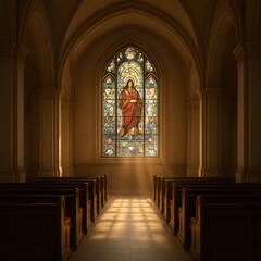 Fototapeta premium Peaceful interior of a historic church with sunlight streaming through a large stained glass window depicting Jesus, creating a serene atmosphere of faith, spirituality, and sacred architecture